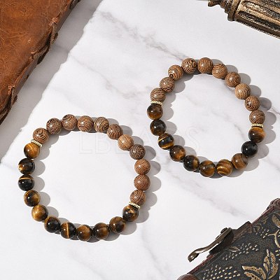 2Pcs 2 Styles Natural Tiger Eye & Wood Round Beaded Stretch Bracelets Sets for Men Women BJEW-JB12350-1