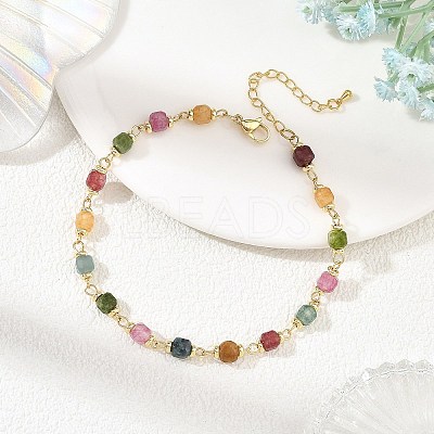 Natural Multicolor Tourmaline Faceted Cube Beaded Chain Anklets AJEW-AN00875-1