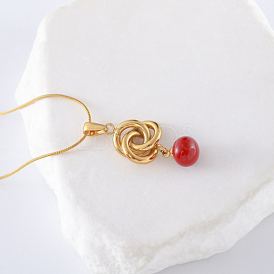 3Pcs French Style Stainless Steel Triple Ring with Red Round Pendant Necklaces for Women DT9932-1