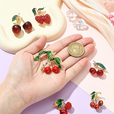 6Pcs 6 Styles 3D Resin Cherry Brooch Pin with Rhinestone JEWB-CJ0001-32-1
