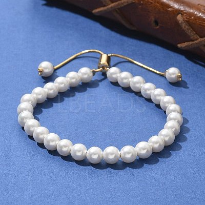 Shell Pearl Beaded Slider Bracelet with Brass Snake Chain BJEW-B066-01B-01-1