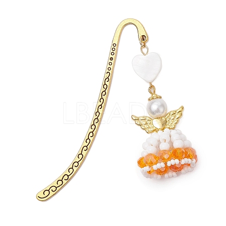 Heart Angel Glass Seed & Plastic Pearl Pendant Bookmark AJEW-MZ00002-02-1