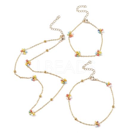 Colorful Glass Seed Beaded Flower Link Chain Bracelets & Necklaces & Anklet SJEW-JS01277-1