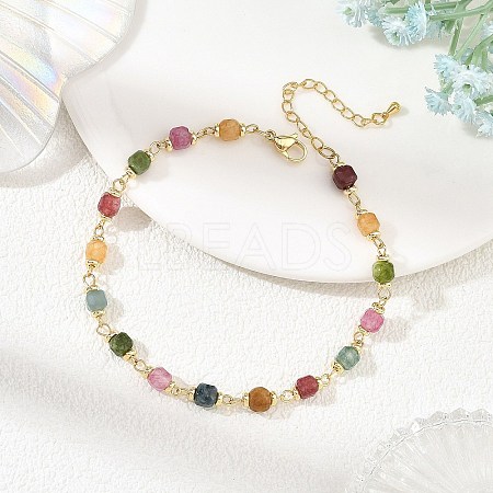 Natural Multicolor Tourmaline Faceted Cube Beaded Chain Anklets AJEW-AN00875-1