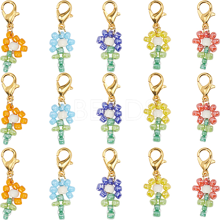 SUNNYCLUE 30Pcs Dyed Synthetic Turquoise & Glass Seed Beaded Flower Pendant Locking Stitch Markers HJEW-SC0001-55-1