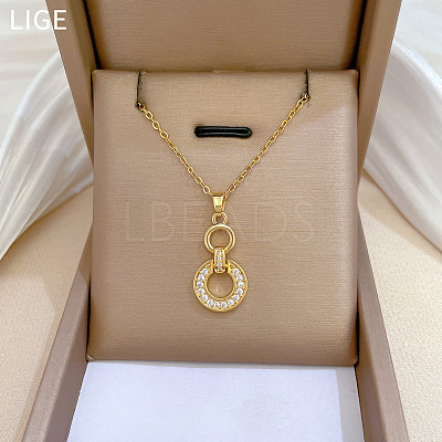 Double Rings 304 Stainless Steel Micro Pave Clear Cubic Zirconia Pendant Necklaces FS-WG3DD11-01-1