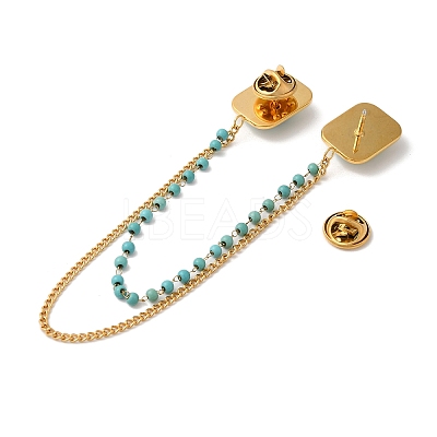 304 Stainless Steel Pave Dyed Synthetic Turquoise Hanging Chain Brooch JEWB-S021-04G-01-1