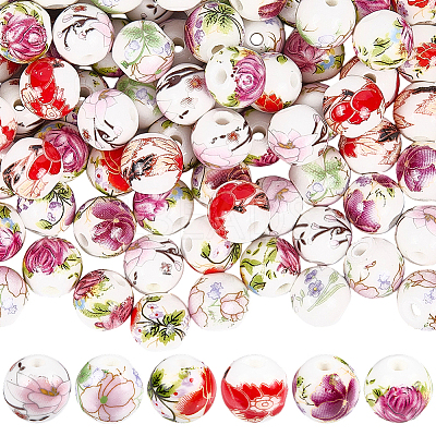 Handmade Flower Printed Porcelain Ceramic Beads PORC-LT0001-12B-1