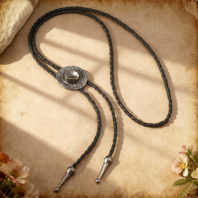 1Pc West Cowboy Hat Tibetan Style Alloy Pendant Black PU Leather Cord Bolo Tie Lariat Necklaces NJEW-GF0001-24A-1