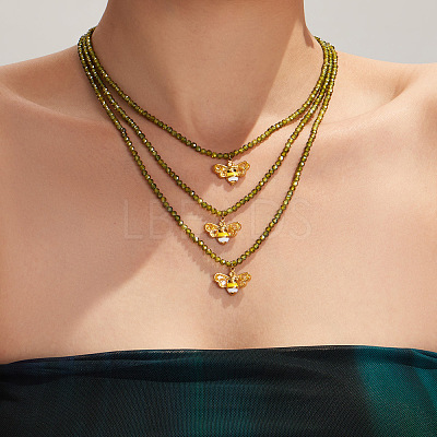 316L Surgical Stainless Steel Enamel Bee Pendant Green Cubic Zirconia Faceted Beaded Necklaces for Women WG7DD53-01-1