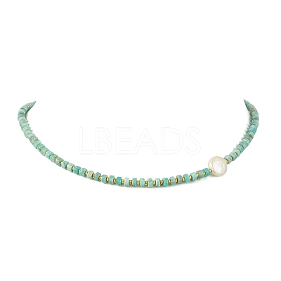 Natural Keshi Pearl Coin and Natural Amazonite Heishi Beaded Necklaces for Women NJEW-JN06344-1