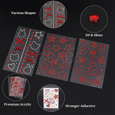 6 Sheets 3 Styles Acrylic Rhinestone Face Body Stickers AJEW-SP0002-68C-1