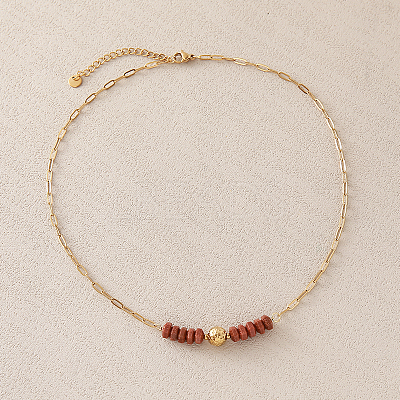 Synthetic Goldstone Hexagon Heishi Beads & 304 Stainless Steel Paperclip Chain Necklaces for Women SG1071-2-1