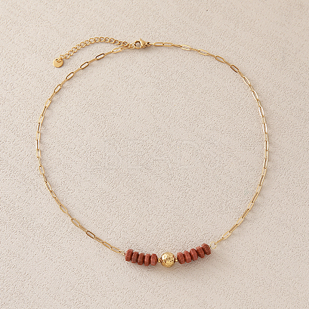 Synthetic Goldstone Hexagon Heishi Beads & 304 Stainless Steel Paperclip Chain Necklaces for Women SG1071-2-1
