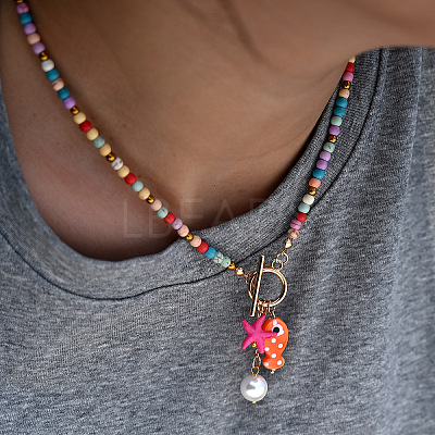 Bohemian Porcelain Fish & Imitation Pearl Round & Starfish Pendant Necklaces FS-WG8409B-01-1