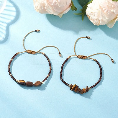 2Pcs Natural Tiger Eye & Glass Seed Beads Braided Bead Bracelets for Women BJEW-MZ00247-03-1