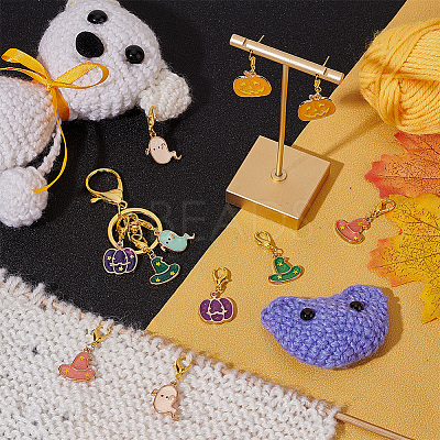 Halloween Theme Alloy Enamel Ghost & Witch Hat & Pumpkin Charm Locking Stitch Markers HJEW-PH01714-1