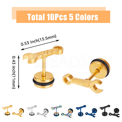 10Pcs 5 Colors Stainless Steel Spanner Tool Stud Earrings for Men EJEW-FI0001-82-1