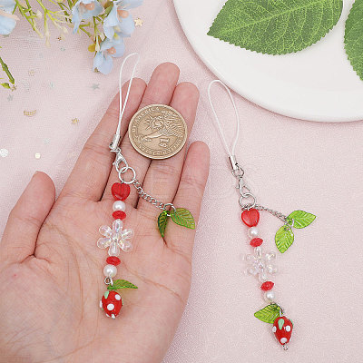 Strawberry & Leaf & Flower Handmade Lampwork Mobile Straps HJEW-WH0007-31-1