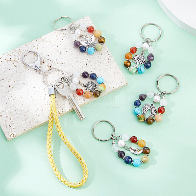 5Pcs 7 Chakra Gemstone Bead Pendant Keychain with Tibetan Style Alloy Charm KEYC-FH00032-1