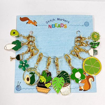 12Pcs 6 Style Green Color Theme Alloy Enamel Pendant Locking Stitch Markers HJEW-AB00141-1