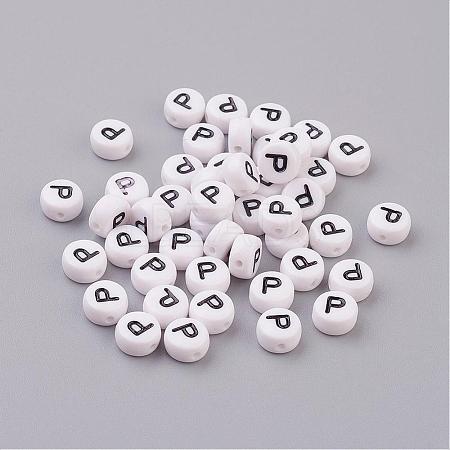 Flat Round with Letter P Acrylic Beads X-PL37C9070-P-1