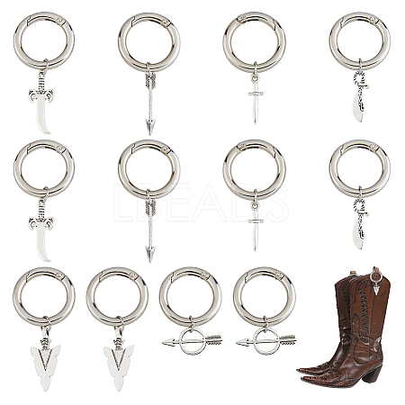 12Pcs 6 Style Dagger/Arrow/Knife Tibetan Style Alloy Shoe Charms HJEW-AB00634-1