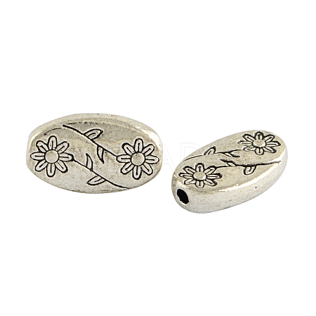 Oval with Flower Tibetan Style Alloy Beads X-TIBEB-1199-AS-LF-1