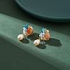 Natural Carnelian & Apatite Beaded Flower with Shell Pearl Dangle Stud Earrings EJEW-TA00163-3