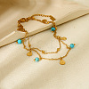 Synthetic Turquoise Round & 304 Stainless Steel Shell Shape Charm Double Layer Anklets for Women FS-WG7A7AF-01-3