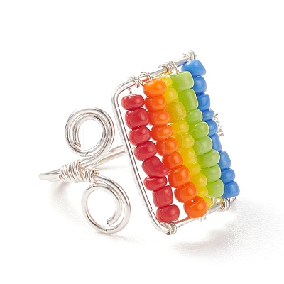 Glass Bead Braided Rectangle Open Cuff Ring RJEW-JR00489-1
