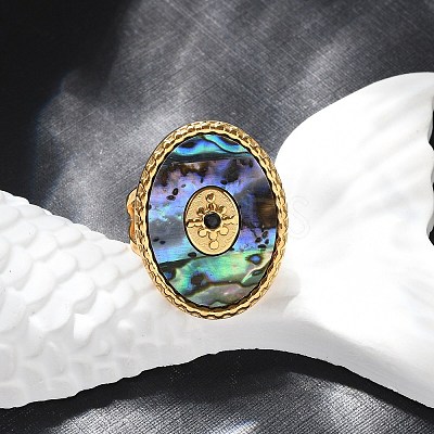 Oval 304 Stainless Steel & Paua Shell & Rhinestone Cuff Rings for Women RJEW-G346-06G-01-1