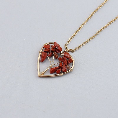 Natural Red Jasper Chip Beaded Tree of Life Alloy Heart Pendant Necklaces WG026CB-01-1