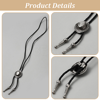 1Pc West Cowboy Hat Tibetan Style Alloy Pendant Black PU Leather Cord Bolo Tie Lariat Necklaces NJEW-GF0001-24A-1