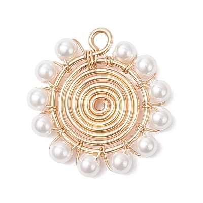 4Pcs 4 Styles Shell Pearl Round Beaded Copper Wire Wrapped Pendants PALLOY-TA00328-1