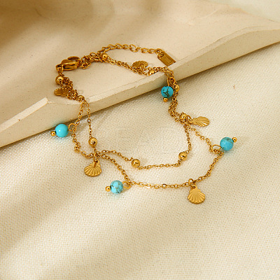 Synthetic Turquoise Round & 304 Stainless Steel Shell Shape Charm Double Layer Anklets for Women FS-WG7A7AF-01-1