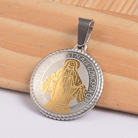 Flat Round with Virgin Mary & Word 304 Stainless Steel Pendants STAS-I036-02B-1