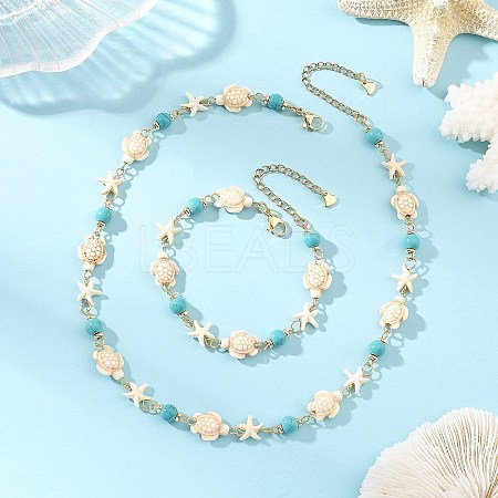 Starfish & Turtle Synthetic Turquoise Beaded Necklace & Bracelet Sets SJEW-JS01385-01-1