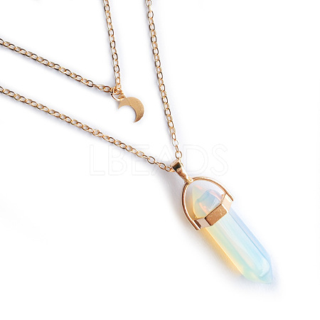 Opalite Double Terminated Pointed Bullet & Moon Alloy Pendant Double Layer Necklaces for Women WGAD714-05-1