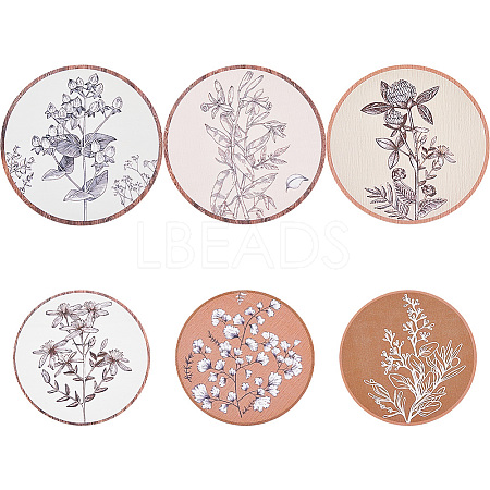 6Pcs Bohemian Theme Wooden Flat Eound with Flower Wall-mounted DIY-WH0899-480-1