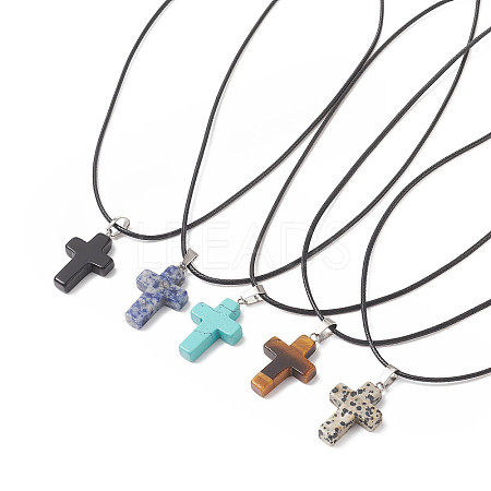 5Pcs 5 Style Natural & Synthetic Mixed Gemstone Cross Pendant Necklaces Set with Waxed Cord for Women NJEW-JN04176-1