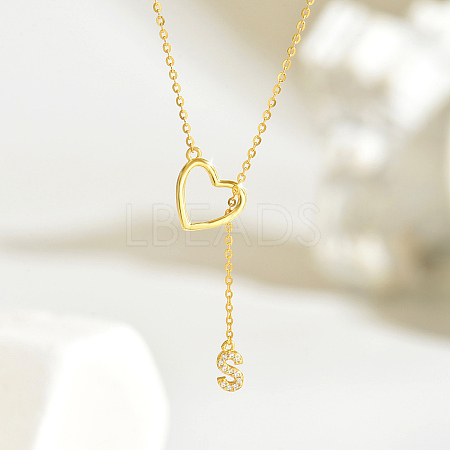 Simple 925 Sterling Silver Micro Pave Clear Cubic Zirconia Heart Alphabet Pendant Lariat Necklaces for Women HB6450-5-1