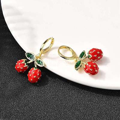 Brass Enamel Strawberry Dangle Earrings EJEW-L305-04G-1