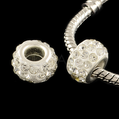 Polymer Clay Rhinestone European Large Hole Beads with Silver Color Plated Brass Cores FPDL-R002-16-1
