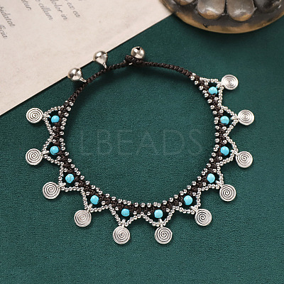 Bohemian Style Alloy Brass Disc Tassel Waxed Cord Anklets for Women FS-WGC5E81-01-1