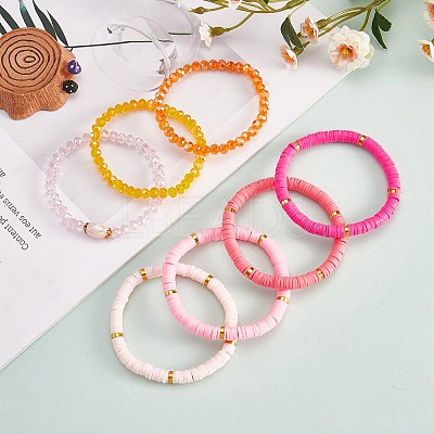 7Pcs 7 Style Handmade Polymer Clay Heishi Surfer Stretch Bracelets Set BJEW-SW00073-01-1