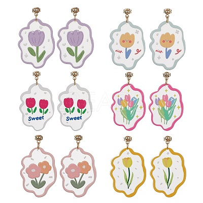 6 Pair 6 Style Acrylic Flower Dangle Stud Earrings EJEW-JE05471-1