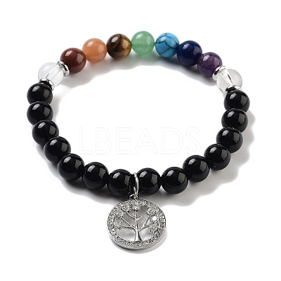 Natural Obsidian Round Beaded Chakra Stretch Bracelets BJEW-K251-01F-1