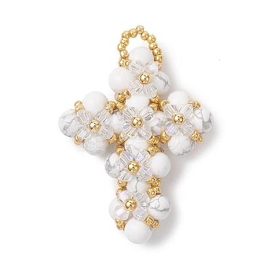 Natural Howlite Round Beads & Glass Seed Beaded Cross Pendants PALLOY-MZ01151-03-1