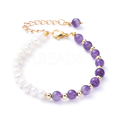 Natural Pearl & Natural Amethyst Beaded Bracelets BJEW-JB05153-02-1